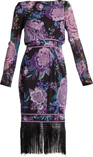 Tadashi Shoji Floral Fringe Detail Long Sleeve Dress