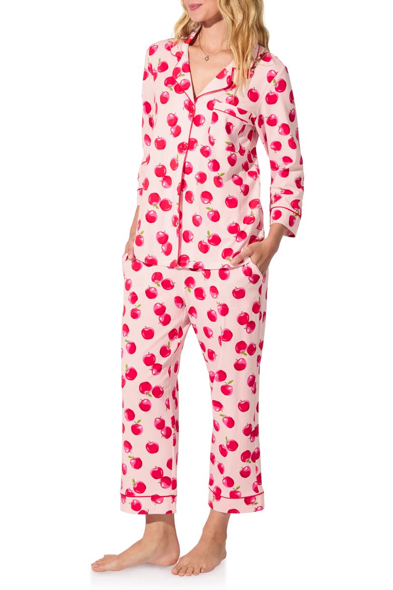 Print Long Sleeve Stretch Organic Cotton Jersey Crop Pajamas, Alternate, color, AN APPLE A DAY