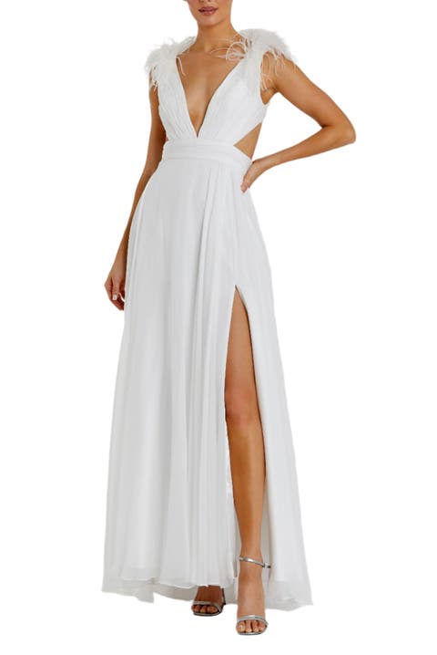 Feather-Trim Plunge A-Line Gown