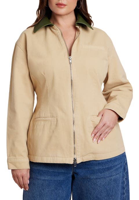 Nipped Waist Barn Jacket With Faux Leather Collar (Plus)