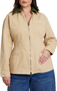 ELOQUII Nipped Waist Barn Jacket With Faux Leather Collar