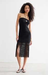 Open Edit Strapless Fringe Sweater Tube Dress