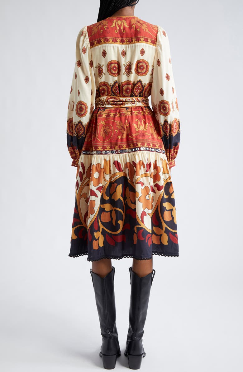 FARM Rio Ainika Tiles Tie Waist Long Sleeve Midi Dress, Alternate, color, Ainika Tiles Cream