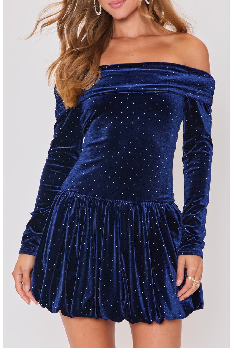 Hostess Off the Shoulder Long Sleeve Velvet Minidress, Main, color, NAVY