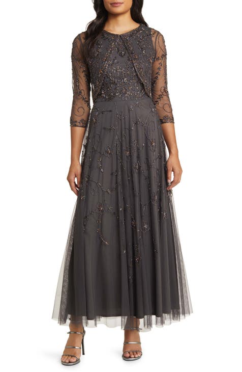 Beaded Mesh Gown with Jacket