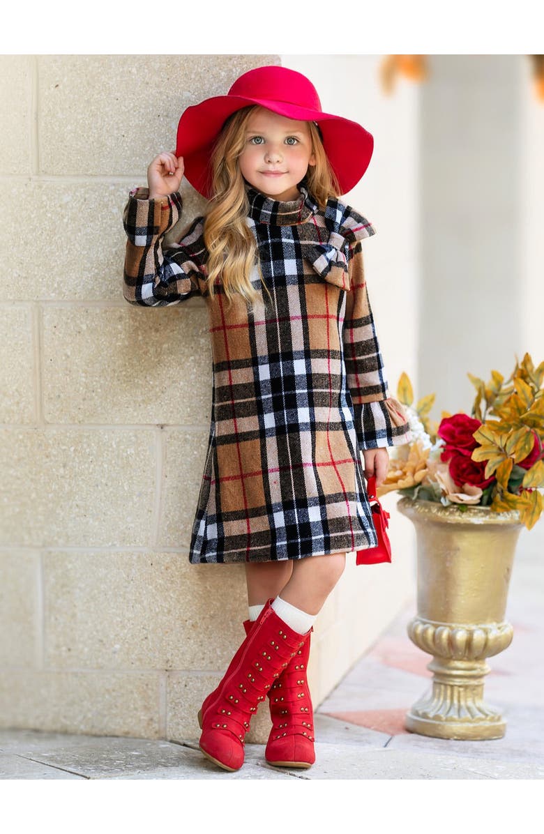 Mia Belle Girls Classic Plaid Long Sleeve Shift Dress, Alternate, color, Brown
