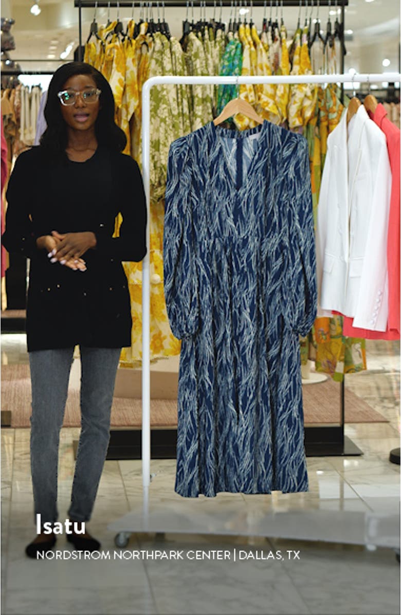 Pleated Puff Shoulder Long Sleeve Midi Dress, sales video thumbnail