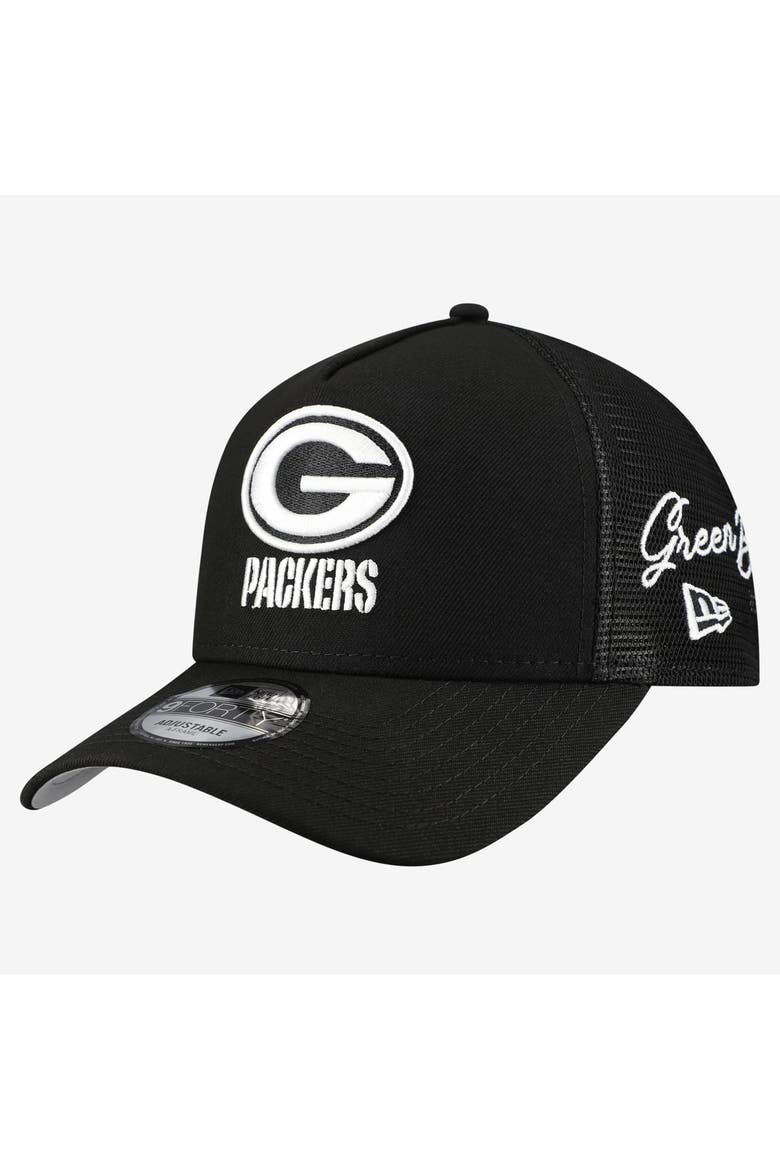 Men's New Era Black Green Bay Packers City Script 9FORTY A-Frame Adjustable Hat, Main, color, Black