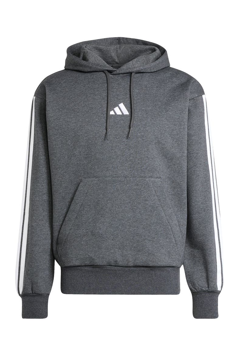 Essential 3-Stripes Fleece Hoodie, Alternate, color, DARK GREY HEATHER/ WHITE