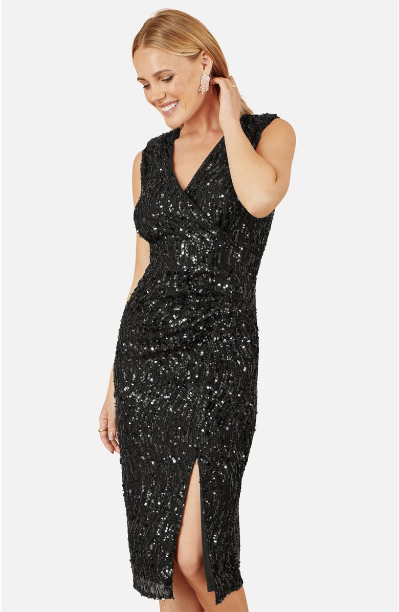 Yumi Sequin Fitted Wrap Dress With Split Hem, Alternate, color, Black