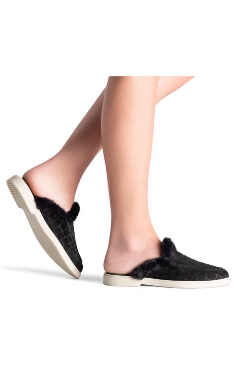 Sophie III Croc Embossed Faux Fur Trim Flat Mule