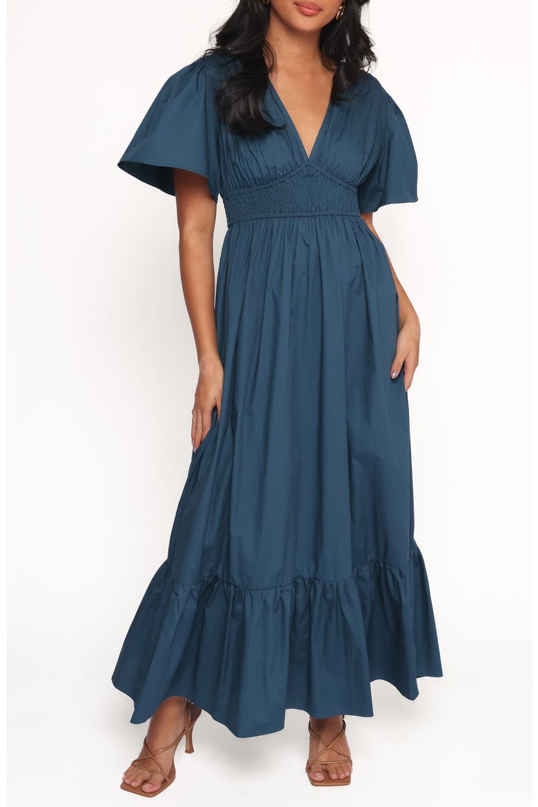 Tessa Smocked Ruffle Hem Maxi Dress, Main, color, BLUE
