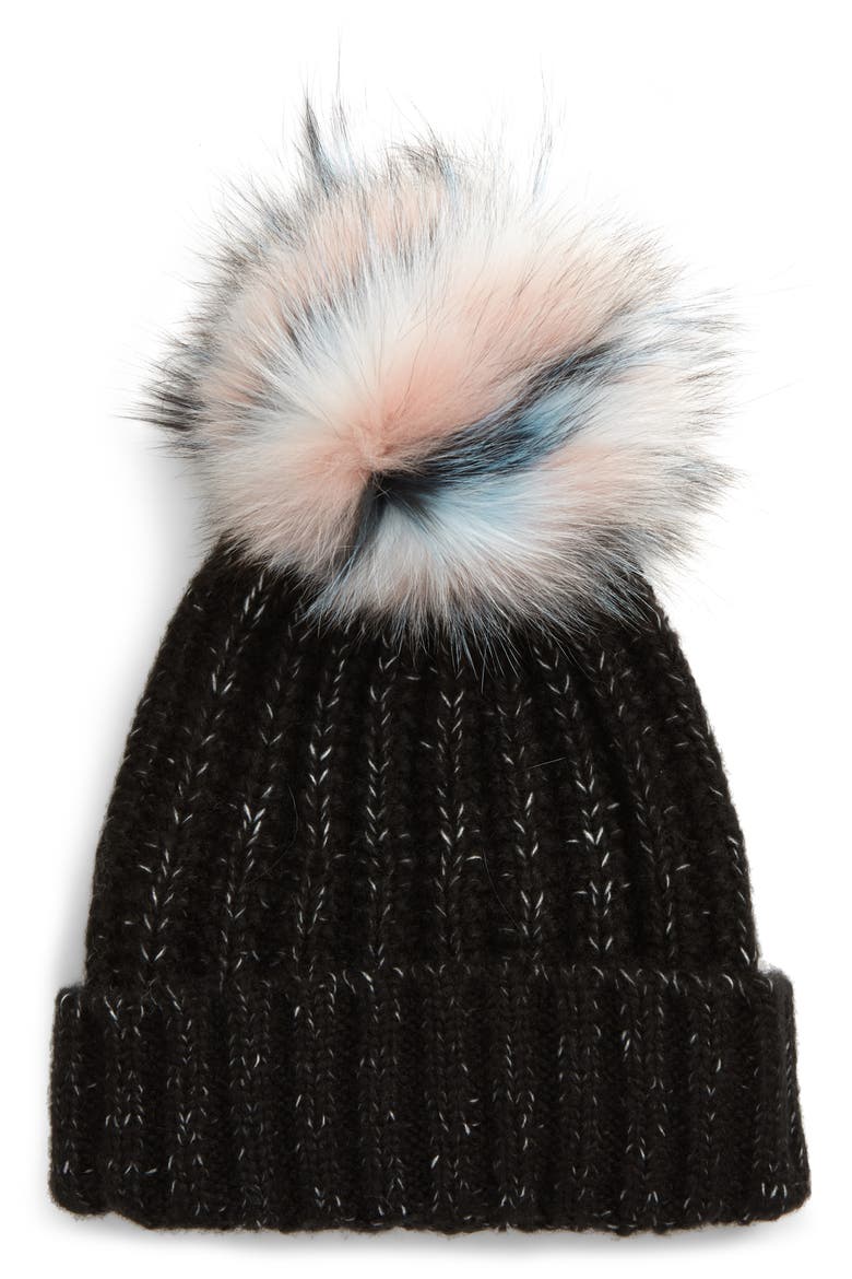 Beanie with Genuine Fox Fur Pom, Main, color, BLACK/ PINK MULTI POM