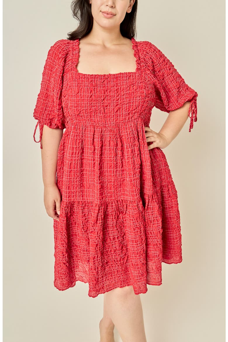 Crinkled Gingham Flounce Dress, Alternate, color, BURGUNDY