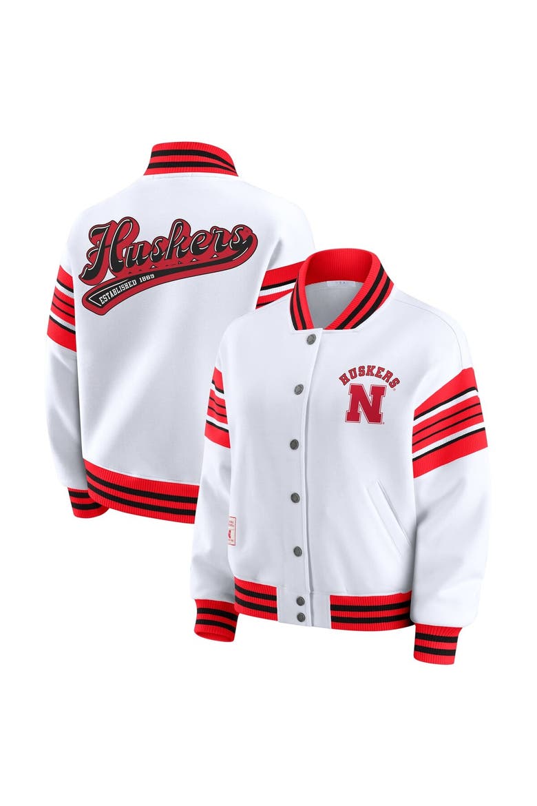 Women's WEAR by Erin Andrews White/Scarlet Nebraska Huskers Satin Stitch Full-Snap Fleece Sweatshirt Jacket, Main, color, White