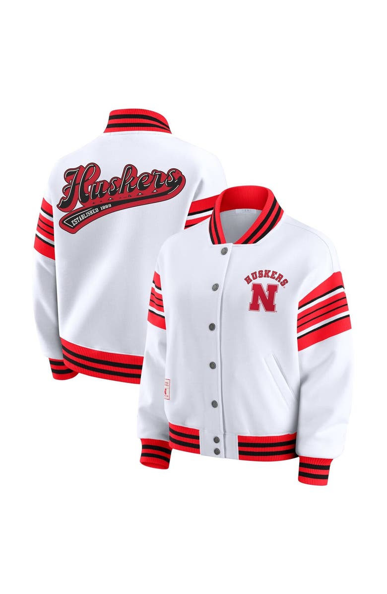 WEAR by Erin Andrews Women's WEAR by Erin Andrews White/Scarlet Nebraska Huskers Satin Stitch Full-Snap Fleece Sweatshirt Jacket, Main, color, White