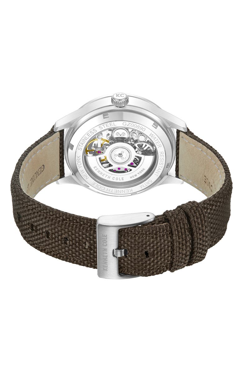 Kenneth Cole New York The Thompson Skeleton Automatic Nylon Strap Watch, 43.5mm, Alternate, color, Dark Brown