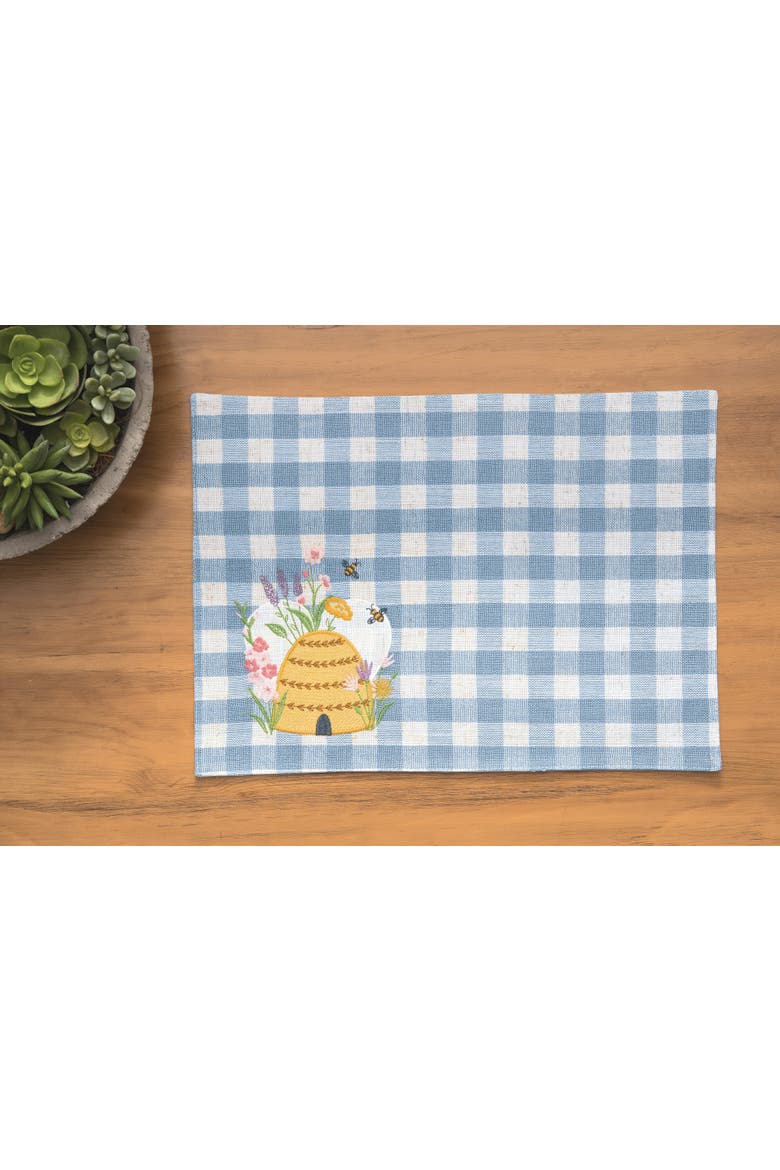 Bee Happy Bee Hive Gingham Plaid Blue Cotton Blend Set of 6 Placemats 13" x 16", Alternate, color, Blue