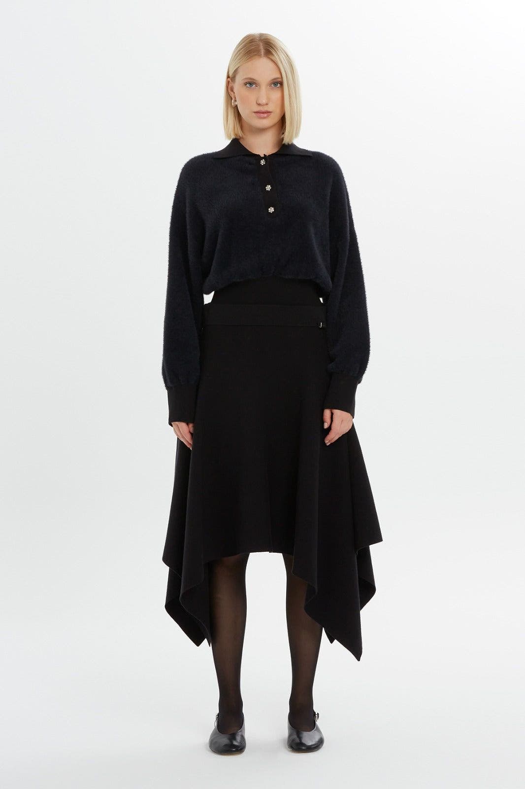 Gizia Elasticated Waist Asymmetric Cut Knit Skirt Black