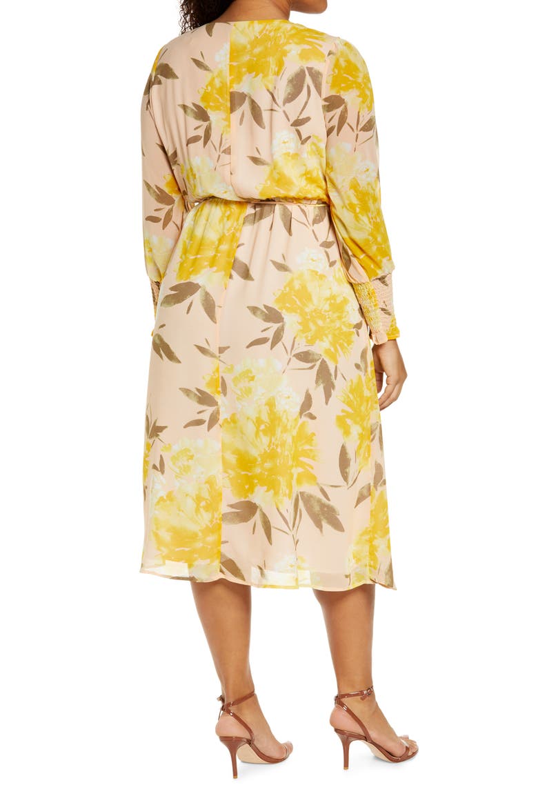 Wrap Front Long Sleeve Midi Dress, Alternate, color, PINK PEACH- YELLOW FLRL