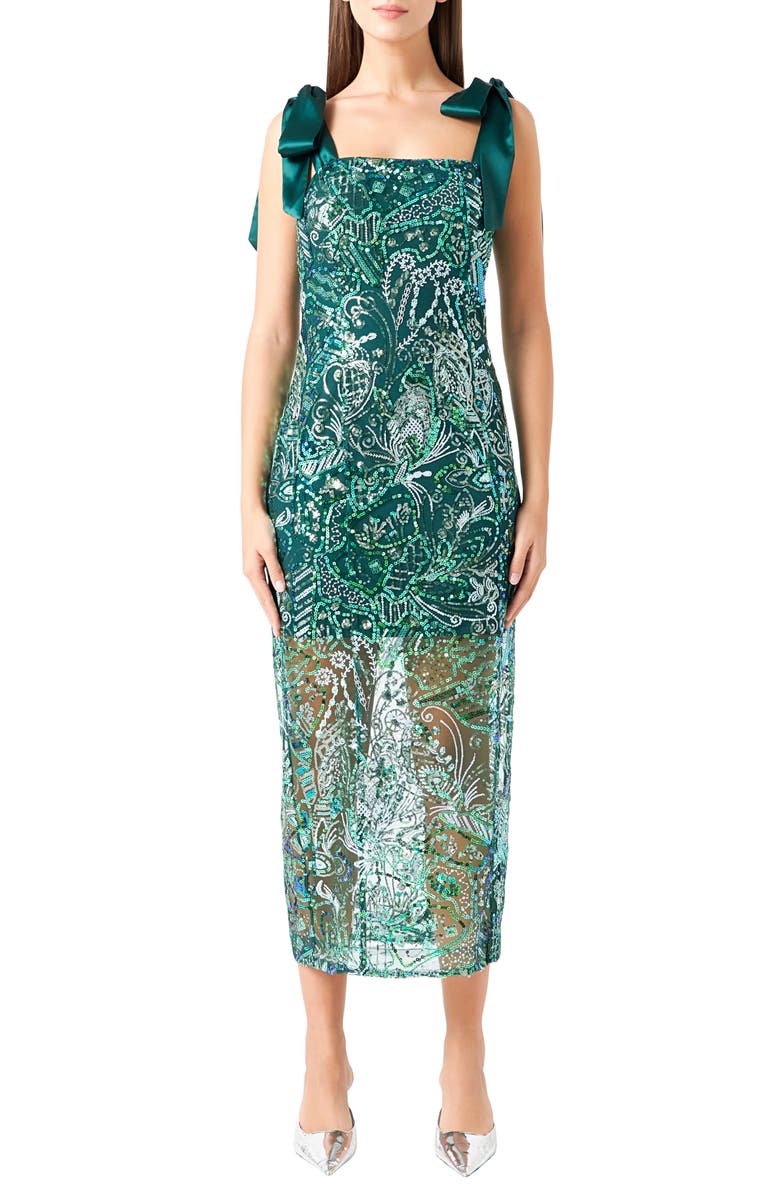 Endless Rose Sequin Tie Shoulder Cocktail Dress, Main, color, Green
