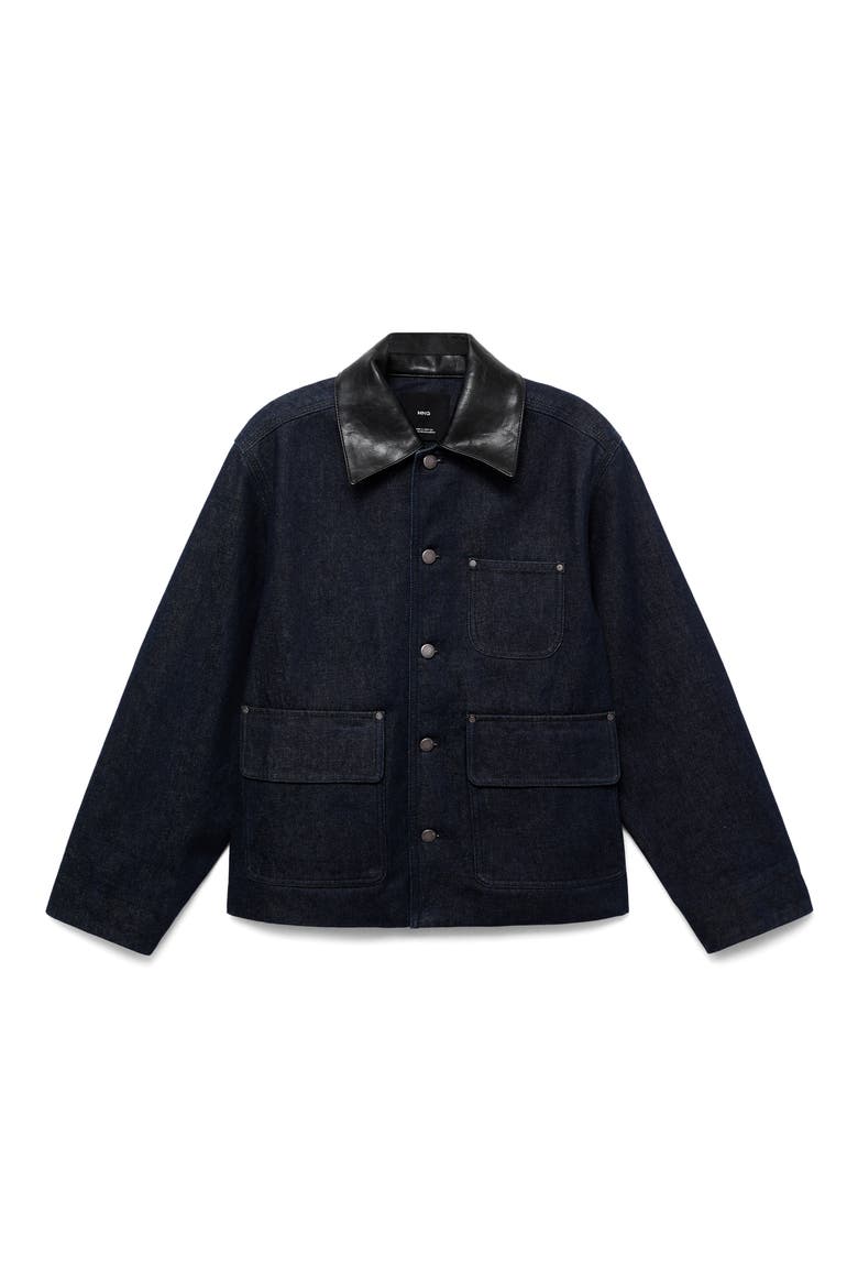 Faux Leather Collar Denim Jacket, Alternate, color, OPEN BLUE