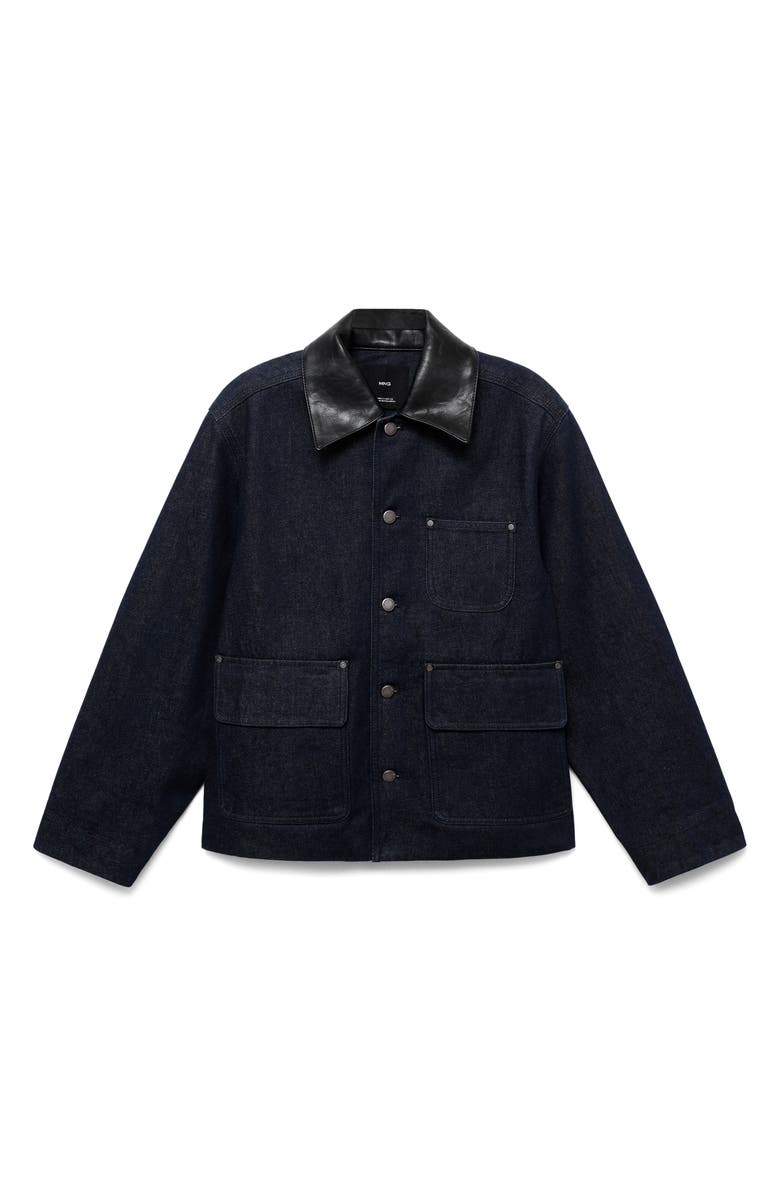 MANGO Faux Leather Collar Denim Jacket, Alternate, color, Open Blue