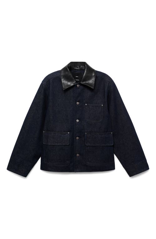 Mango Faux Leather Collar Denim Jacket In Black