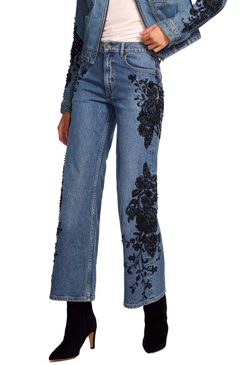 Lea Beaded Cropped Straight Leg Jeans, Alternate, color, MID CERULEAN