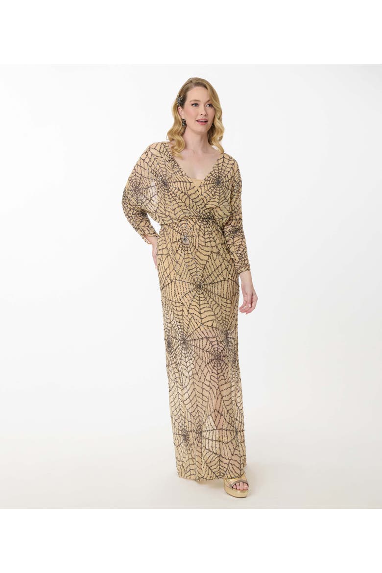 Sequin Faux Wrap Maxi Dress, Main, color, Beige Spider Web Print
