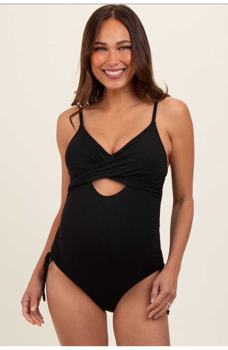 PinkBlush Ribbed Wrap Front Drawstring Side One-Piece Swimsuit, Main, color, Black