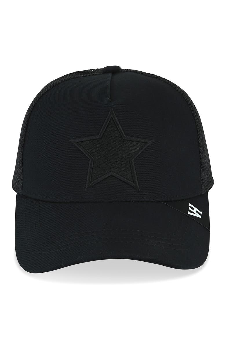Embroidered Star Mesh Panel Trucker Hat, Main, color, BLACK