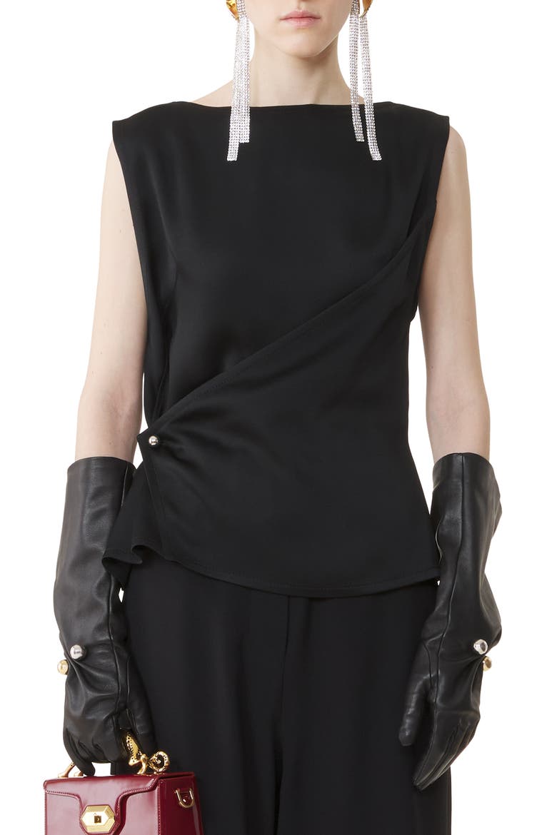 Sleeveless Button-Down Top In Satin, Alternate, color, Black