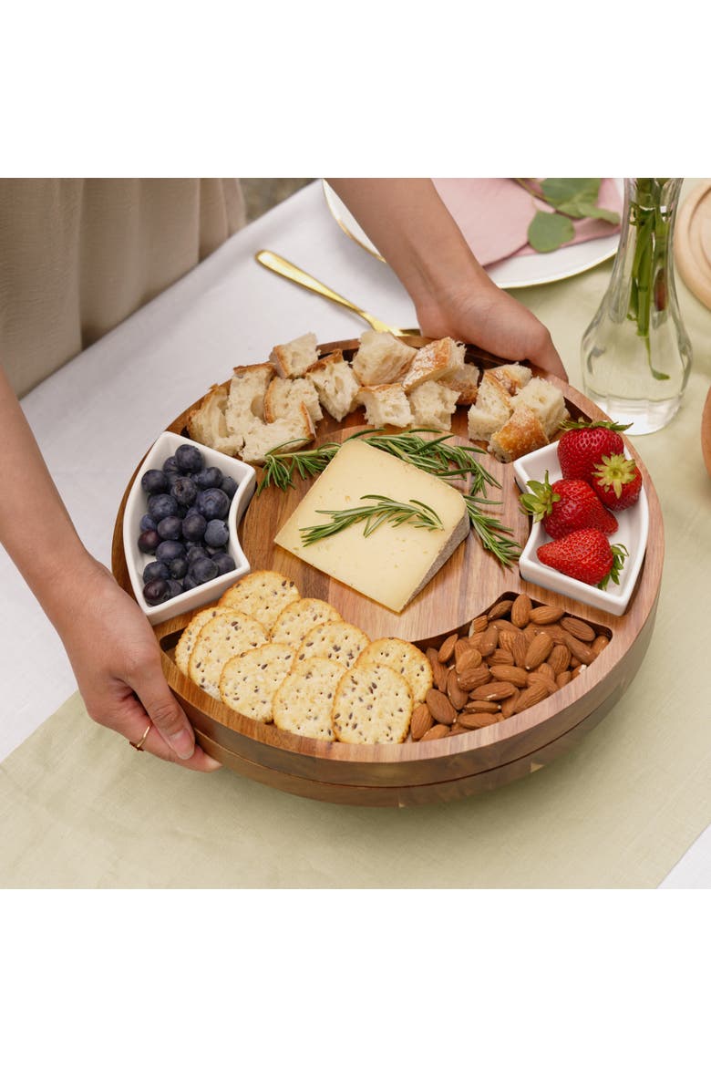 Acacia Wood Rotating Charcuterie Board with Ceramic Dishes, Alternate, color, Wood