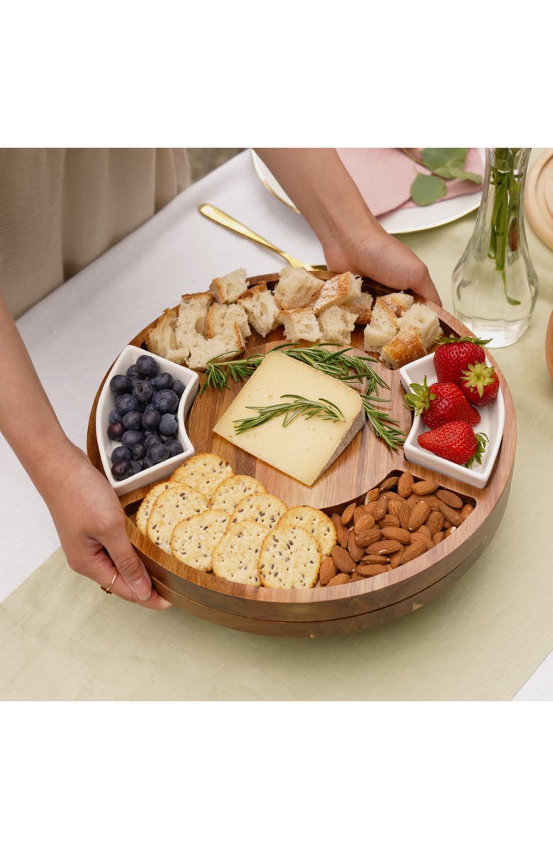 TWINE Acacia Wood Rotating Charcuterie Board with Ceramic Dishes, Alternate, color, Wood