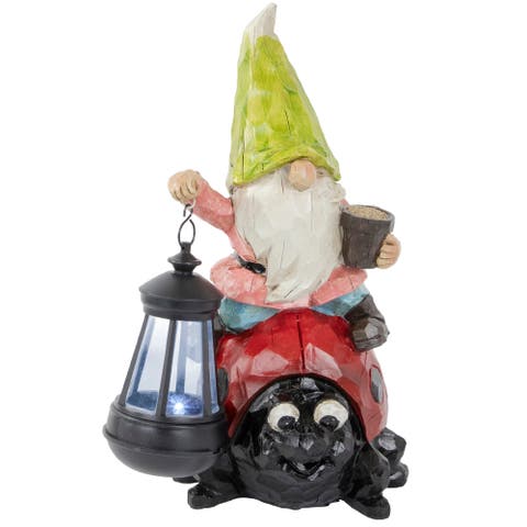 12.25" Solar LED Lighted Gnome and Ladybug Outdoor Garden Statue