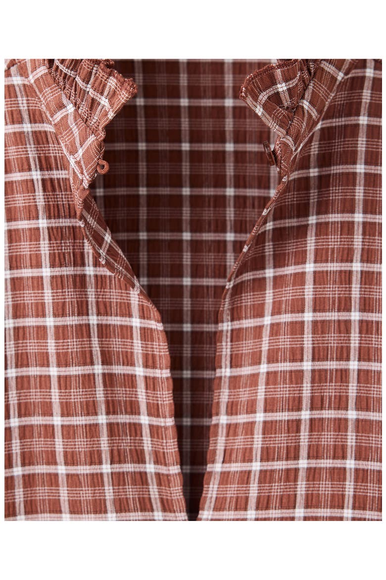 Plaid Ruffle Neck Blouse, Alternate, color, BROWN
