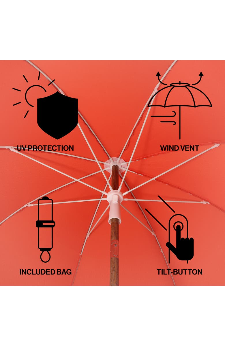 JONATHAN Y Horizon 6.5 ft. Classic MidCentury Scalloped Fringe Market Beach Umbrella with Push-Button Tilt, Alternate, color, Coral Red - Dark Brown Pole