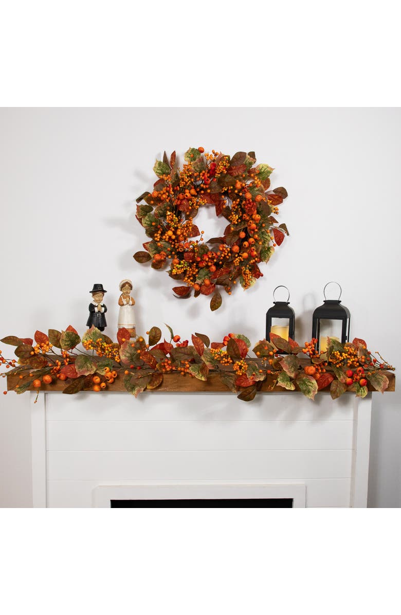 Northlight Mini Gourds and Berries Artificial Fall Harvest Wreath - 24" - Orange and Green - Unlit, Alternate, color, Orange