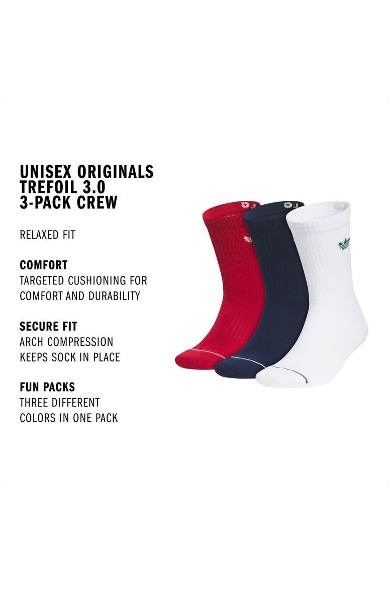 Trefoil 3.0 3-Pack Assorted Crew Socks, Alternate, color, TEAM RED/ YELLOW/ INDIGO