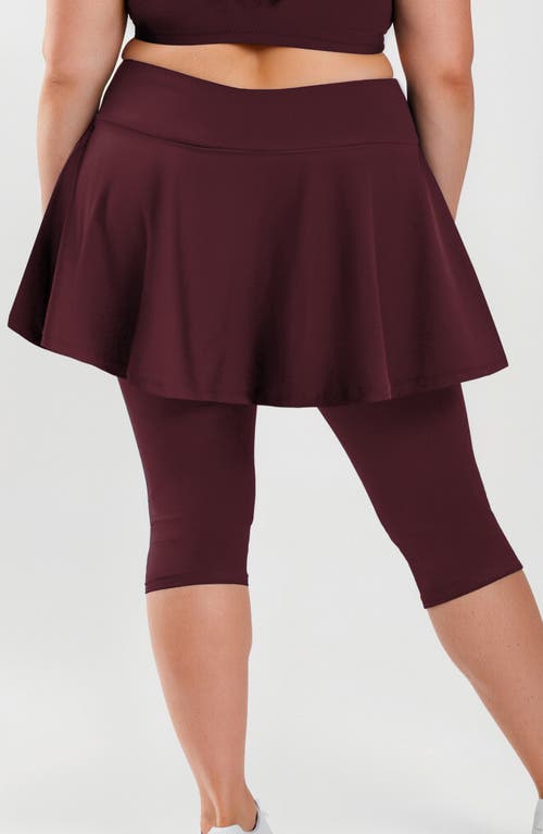 Calypsa Plus Size Flared Swim Skort With Capri Leggings In Burgundy