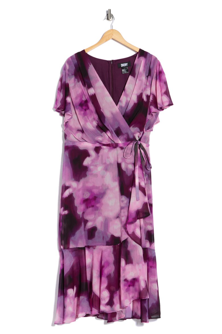 Flutter Sleeve Faux Wrap Dress, Alternate, color, RAISIN MULTI