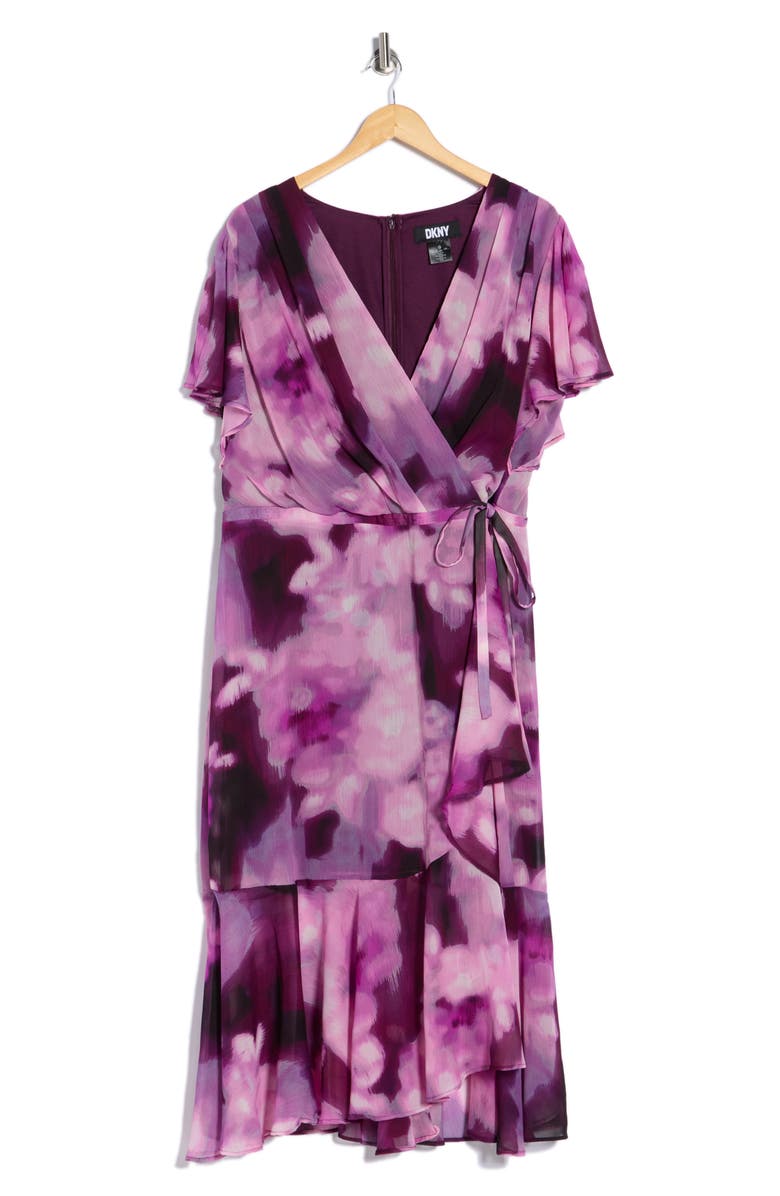 DKNY Flutter Sleeve Faux Wrap Dress, Main, color, Raisin Multi