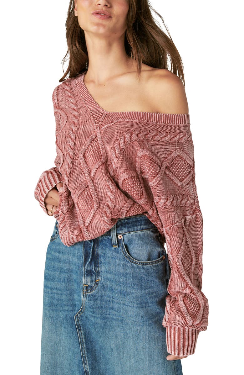 Lucky Brand Cable Stitch V-Neck Sweater, Alternate, color, 