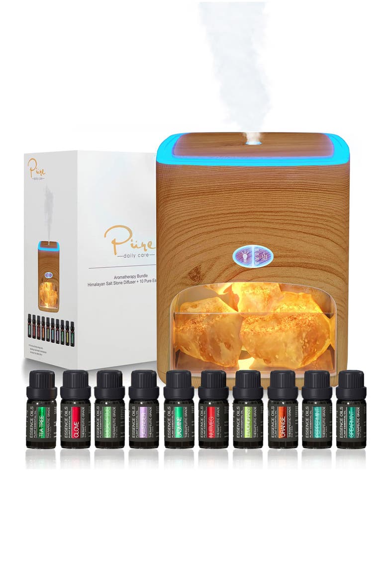 Himalayan Pink Salt Diffuser with 10 Essential Oils, Main, color, LIGHT WOOD