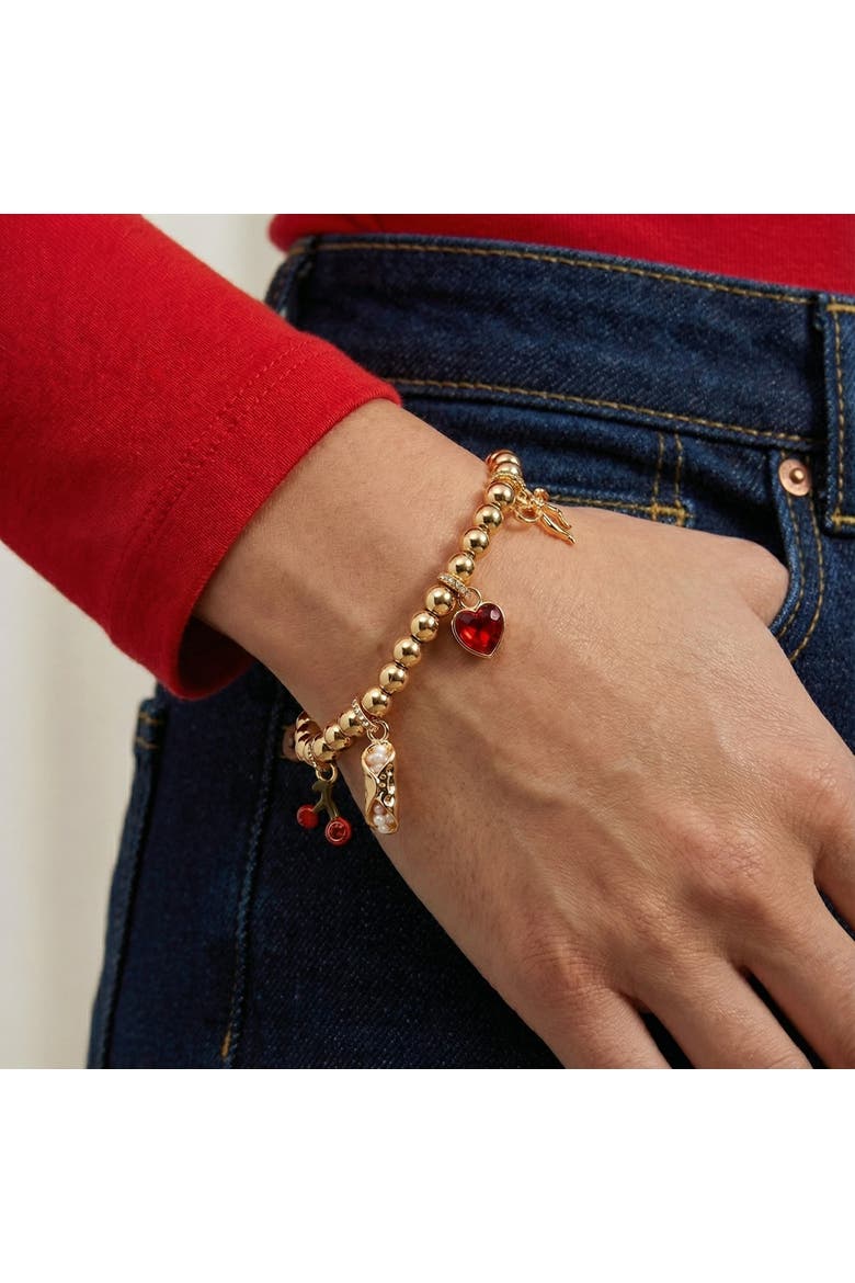 There Cannoli Be You' Bow & Heart Beaded Charm Stretch Bracelet, Alternate, color, Gold