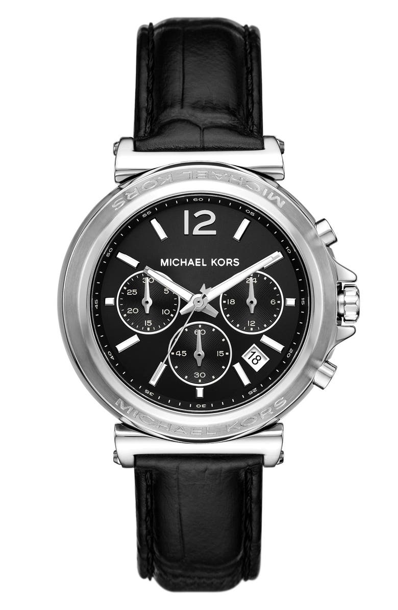 Michael Kors Maren Chronograph Croc Embossed Leather Strap Watch, 40mm, Main, color, Silver