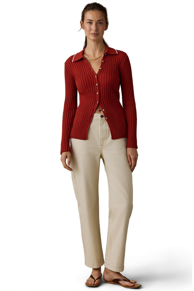 Sunwashed Organic Cotton Ribbed Cardigan, Alternate, color, RED OCHRE
