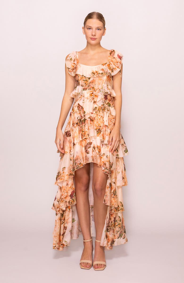 MELLODAY Floral Hig-Low Tiered Maxi Dress, Alternate, color, Peach Floral