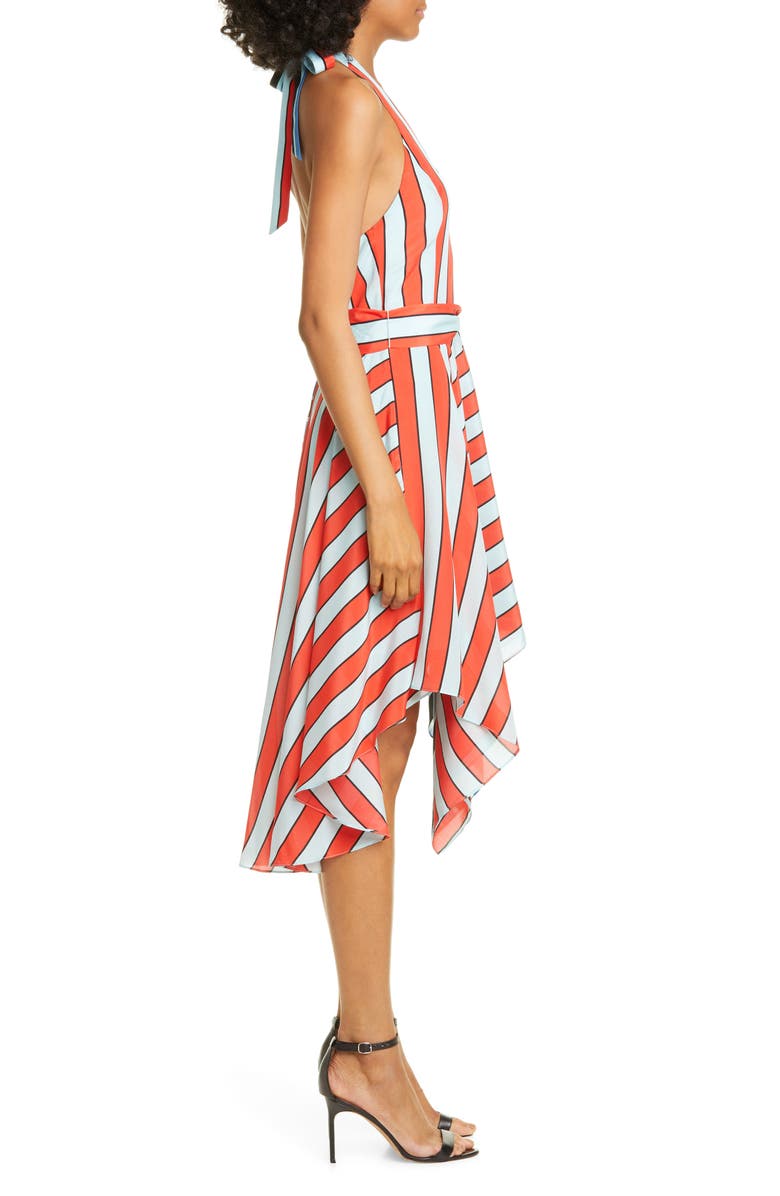 Alice + Olivia Canton Mix Stripe Halter Neck Handkerchief Hem Silk Dress, Alternate, color, 